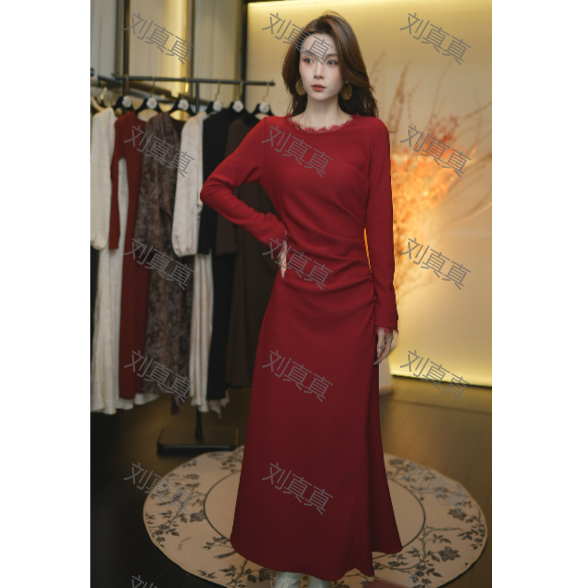 【刘真真黑夜面纱】Z210 法式气质蕾丝边长袖连衣裙QC