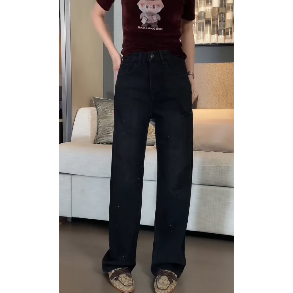 KIKI严选：7527-AMO家南油欧货秋季刺绣钉钻石小众高腰直筒牛仔裤