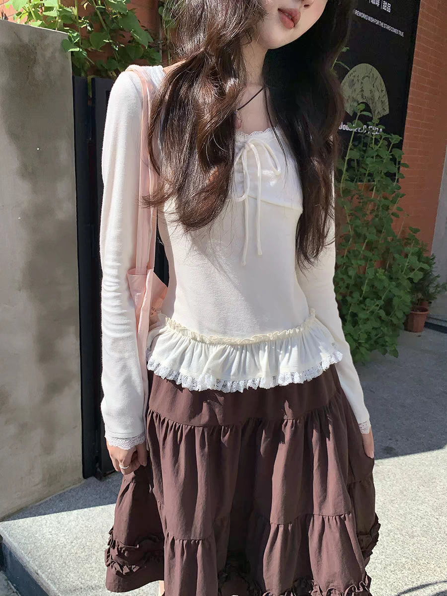 三三 新品（少女心事）♥韩系蕾丝系带新款打底内搭修身显瘦上衣