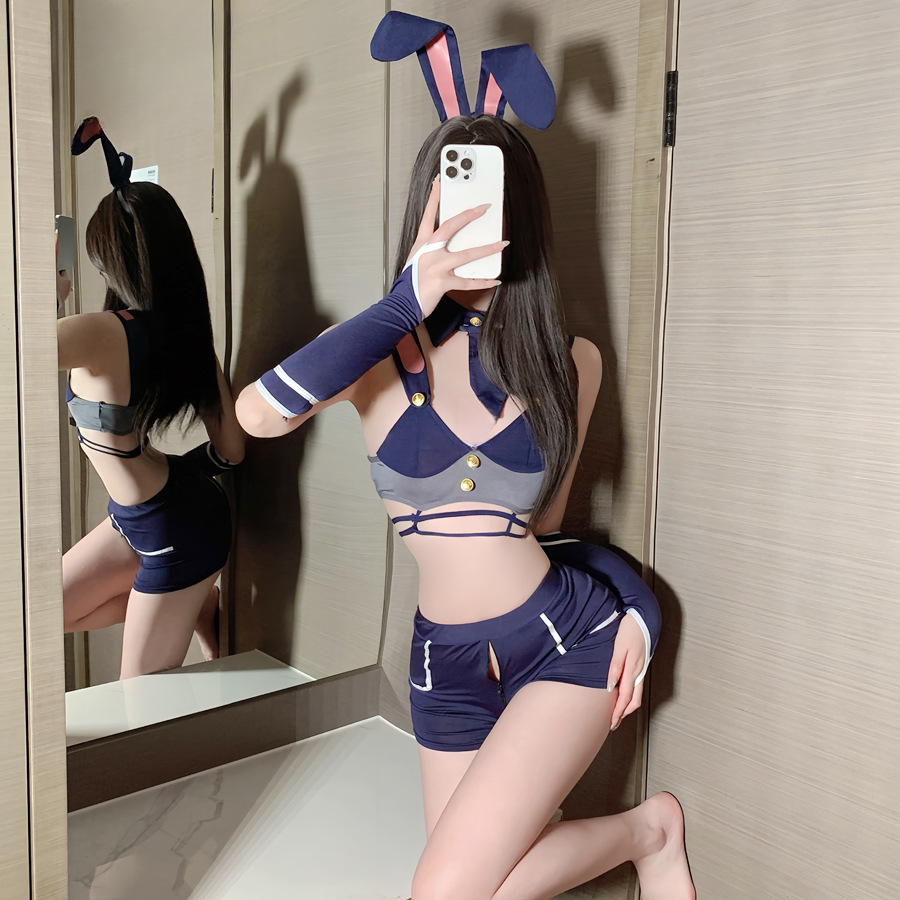 蓝色纯欲性感约会战袍午夜套装制服诱惑