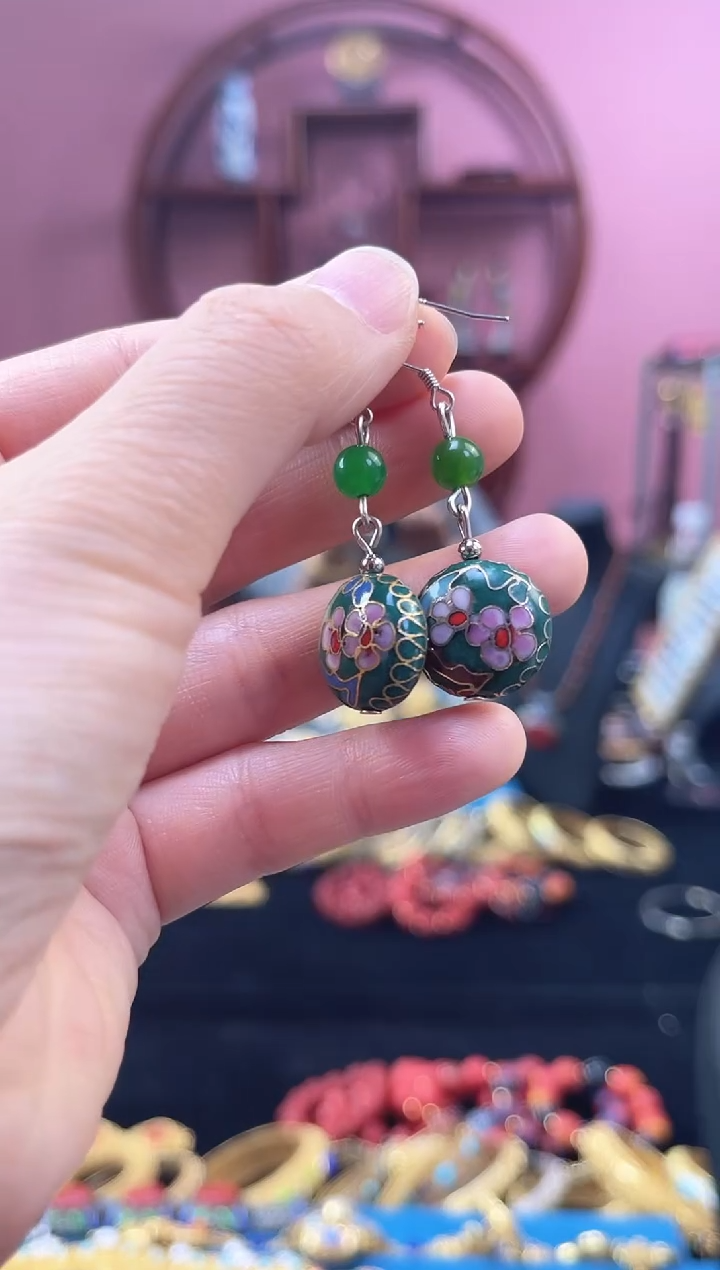 非遗 景泰蓝 耳环 扁珠 墨绿