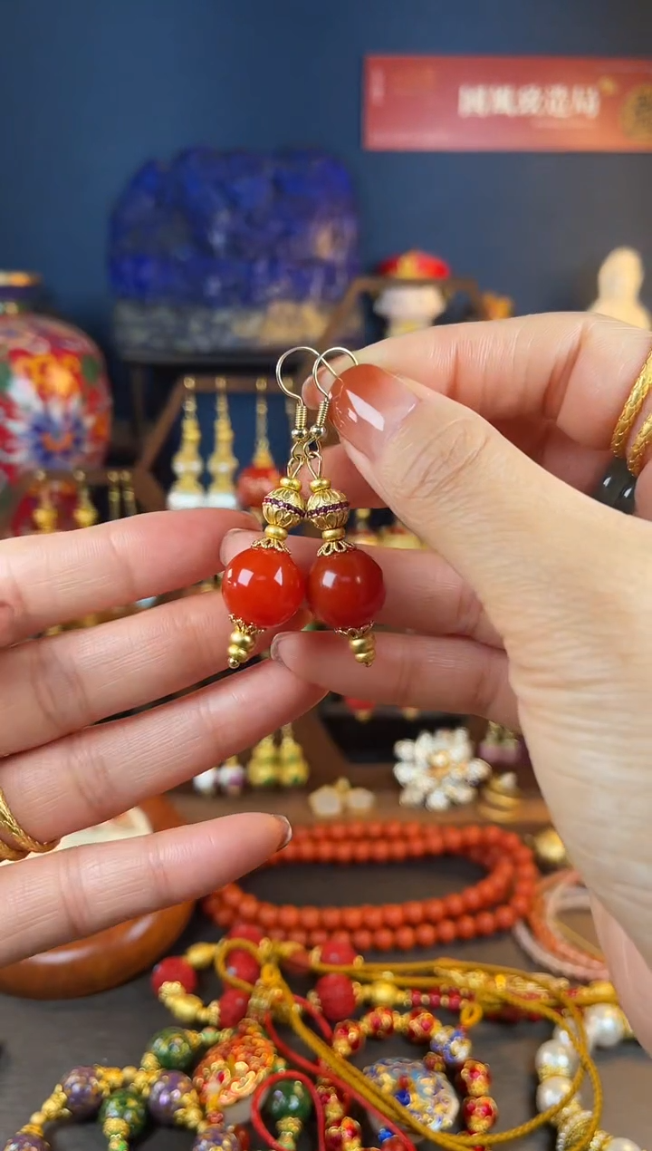 【闪购商品】玛瑙/玉髓耳钩银S925镀金镶嵌澳红耳钩