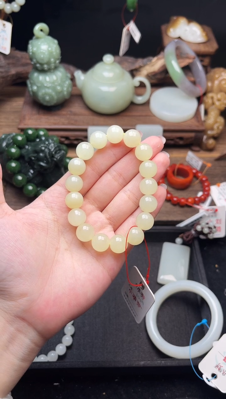 手串未镶嵌和田玉卡12若羌浅黄 圆珠9010732