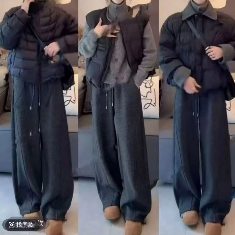 加绒羊毛呢阔腿裤女2025秋冬季新款休闲加厚慵懒香蕉卫裤子