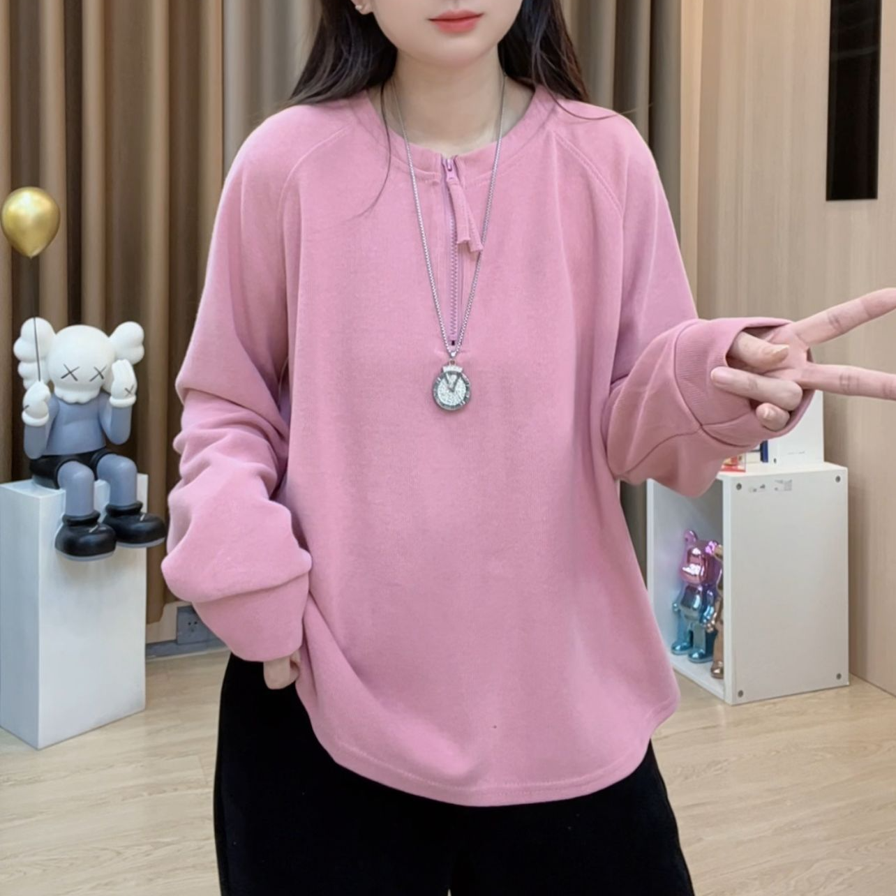 2026春季新款女装韩版休闲宽松上衣长袖半拉链圆领T恤打底衫B385