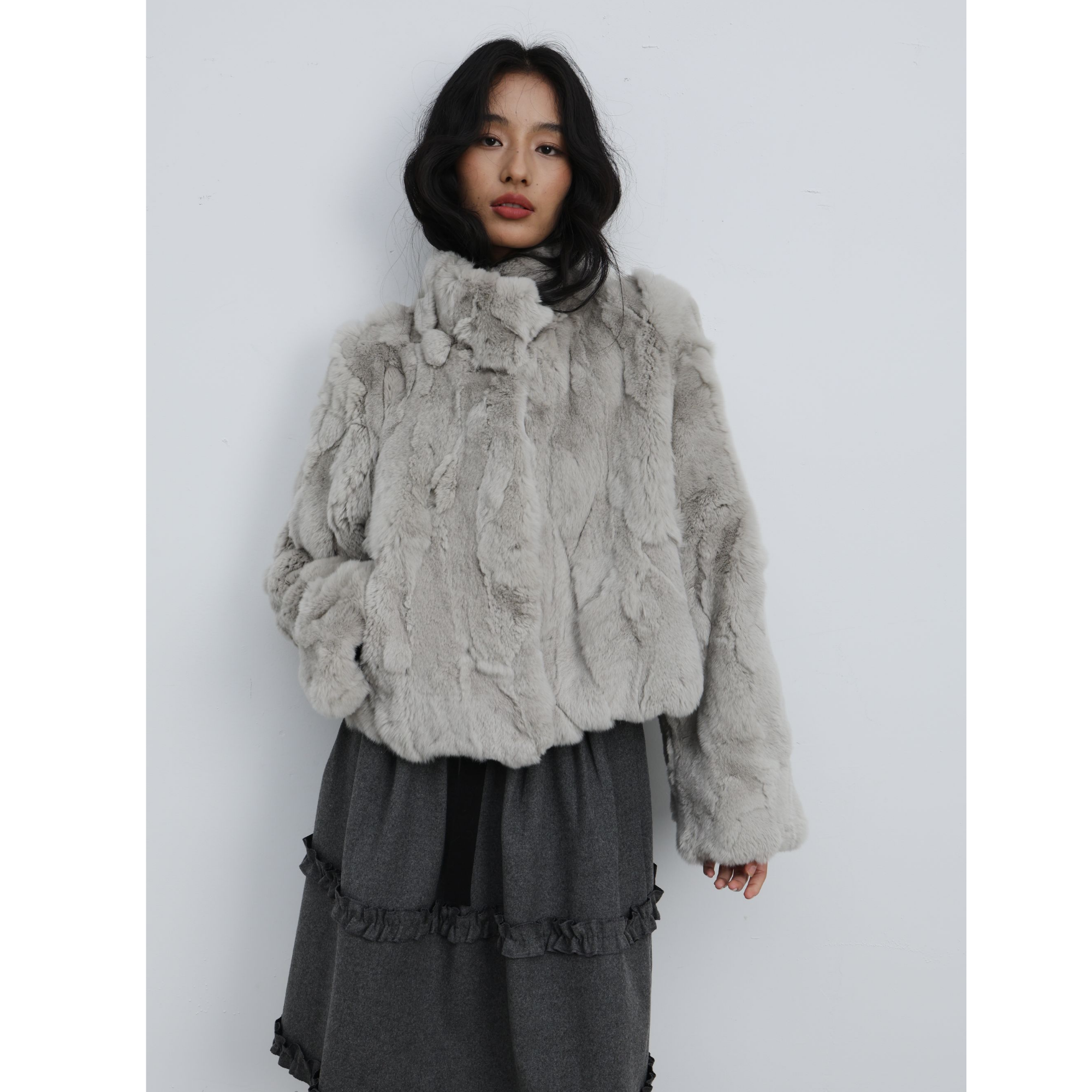 Liquid.Zip复古风兔毛拼接加厚短款外套女秋冬LZ-9094