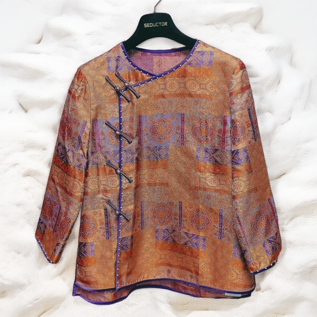 原创桑蚕丝蜀锦罗手工盘扣钉珠宽松气质显瘦衬衫上衣女