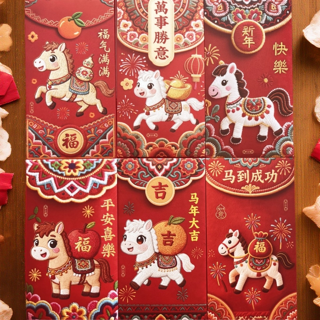 2026年马年平面刺绣风格印花可爱卡通Q版节日春节红包利是封红包
