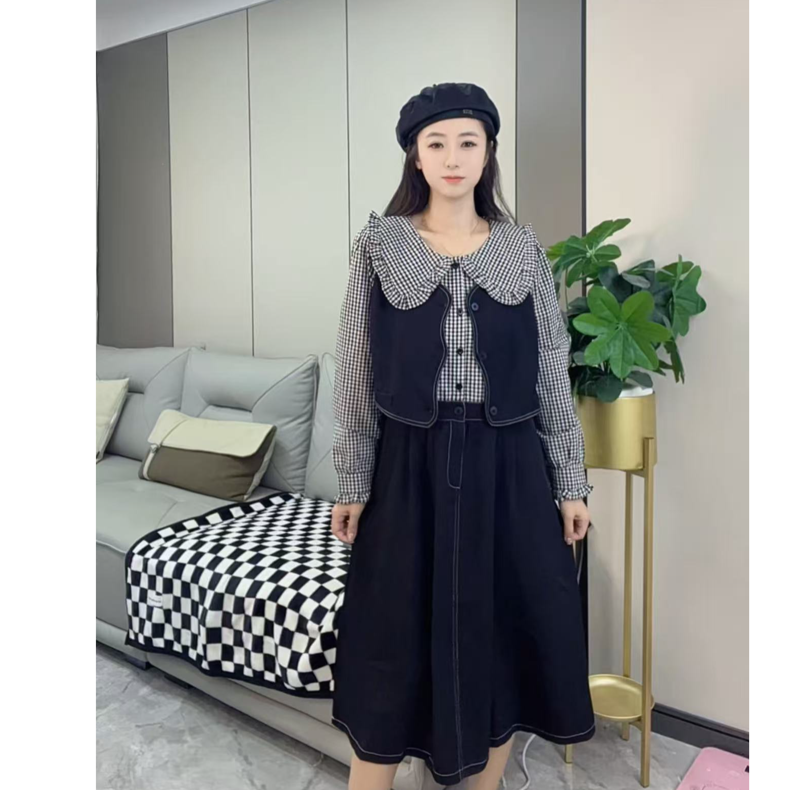四月家~大码秋季新款娃娃领拼接减龄长款假两件连衣裙6236