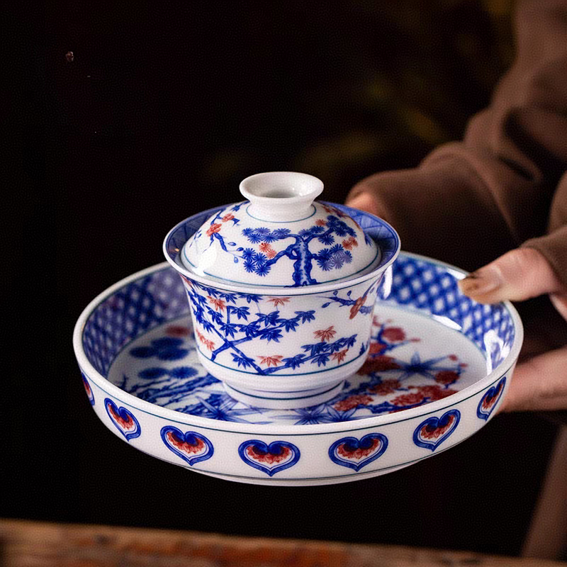景德镇尊宇窑手工制作釉下彩青花釉里红松竹梅高端陶瓷茶具