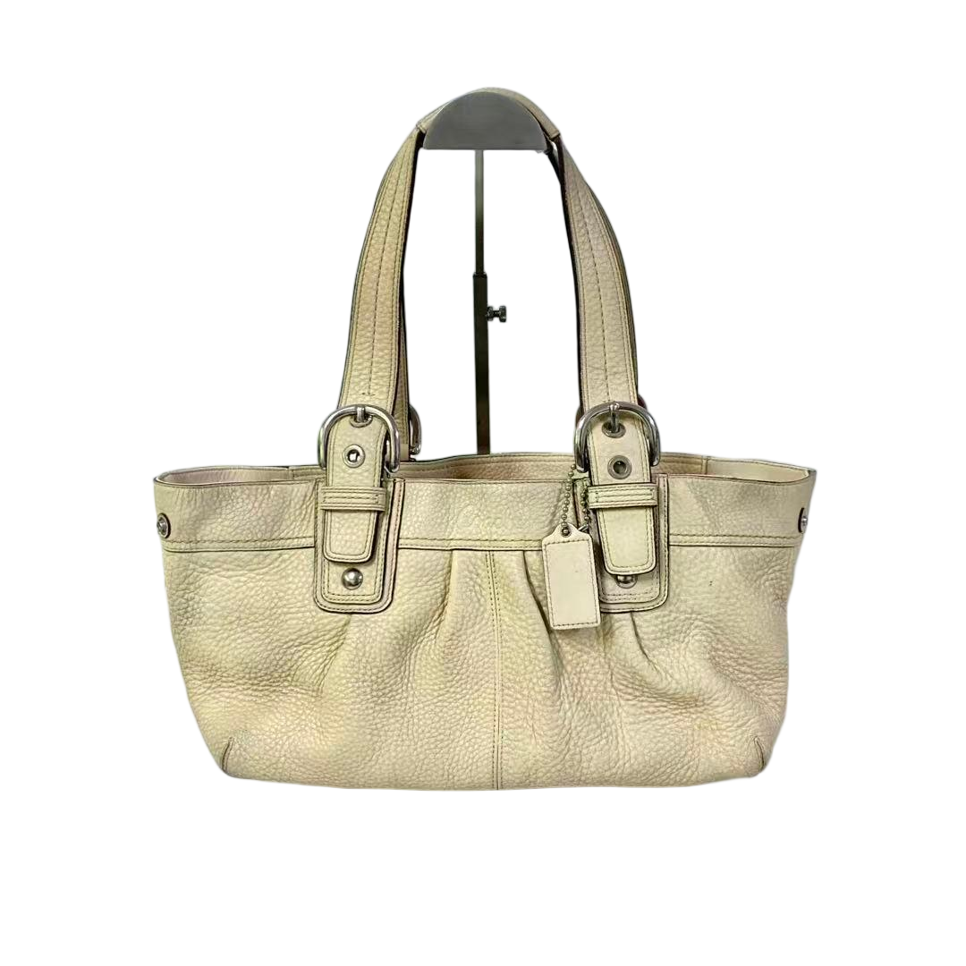 95新 COACH/蔻驰 米黄色全皮大号绿色单肩手提包中古Y-51154-B