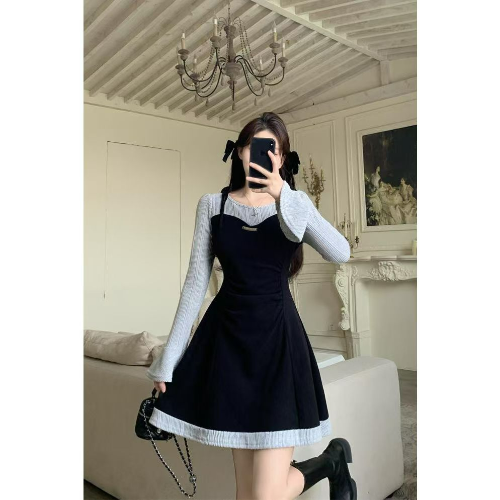 春秋氛围感简约假两件拼接吊带裙显瘦通勤风撞色连衣裙胖mm春秋款