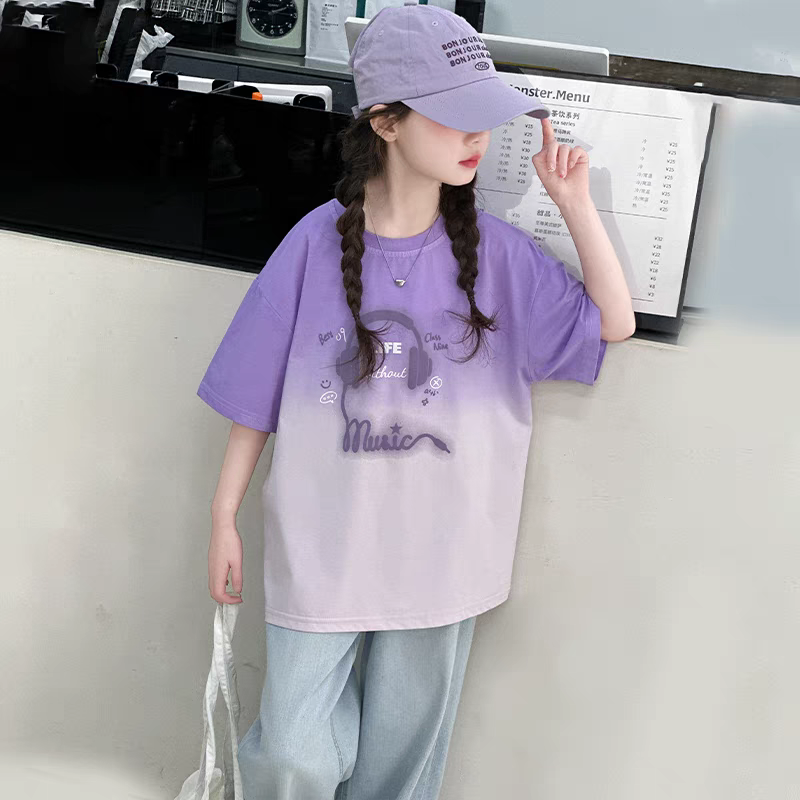 100%纯棉女童短袖t恤夏装2025洋气女孩中大童半袖扎染上衣夏季