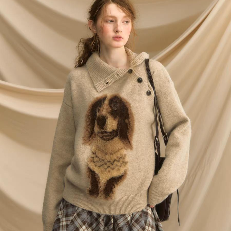 早安小腊肠套头毛衣女秋冬小狗复古宽松慵懒风外穿针织衫毛衣