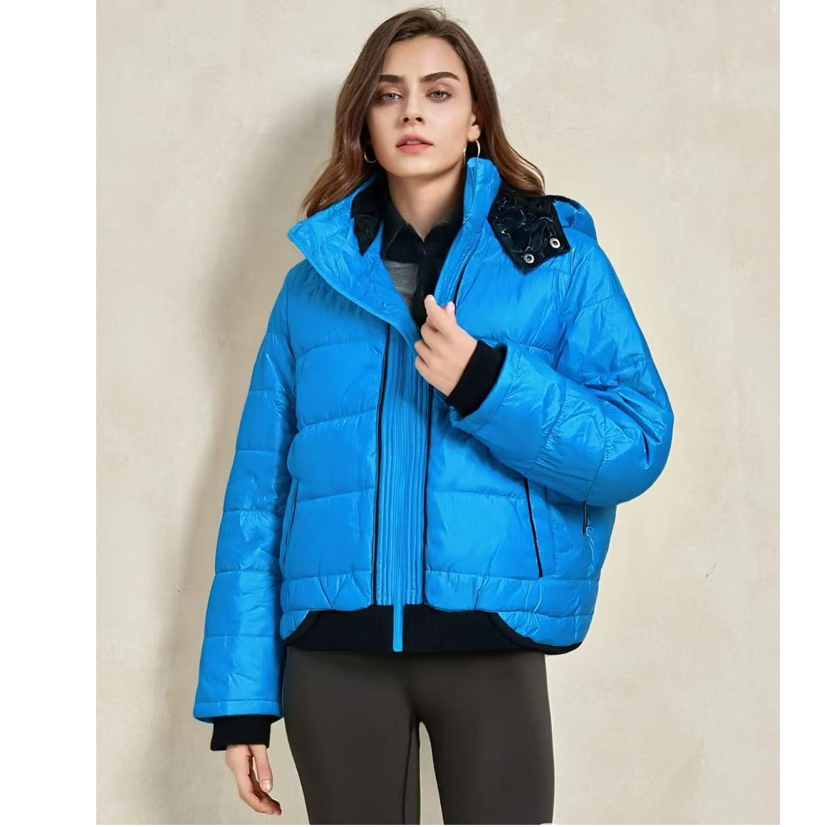 S24174528#休闲风常规款连帽蓝色修身型百搭短款插肩袖