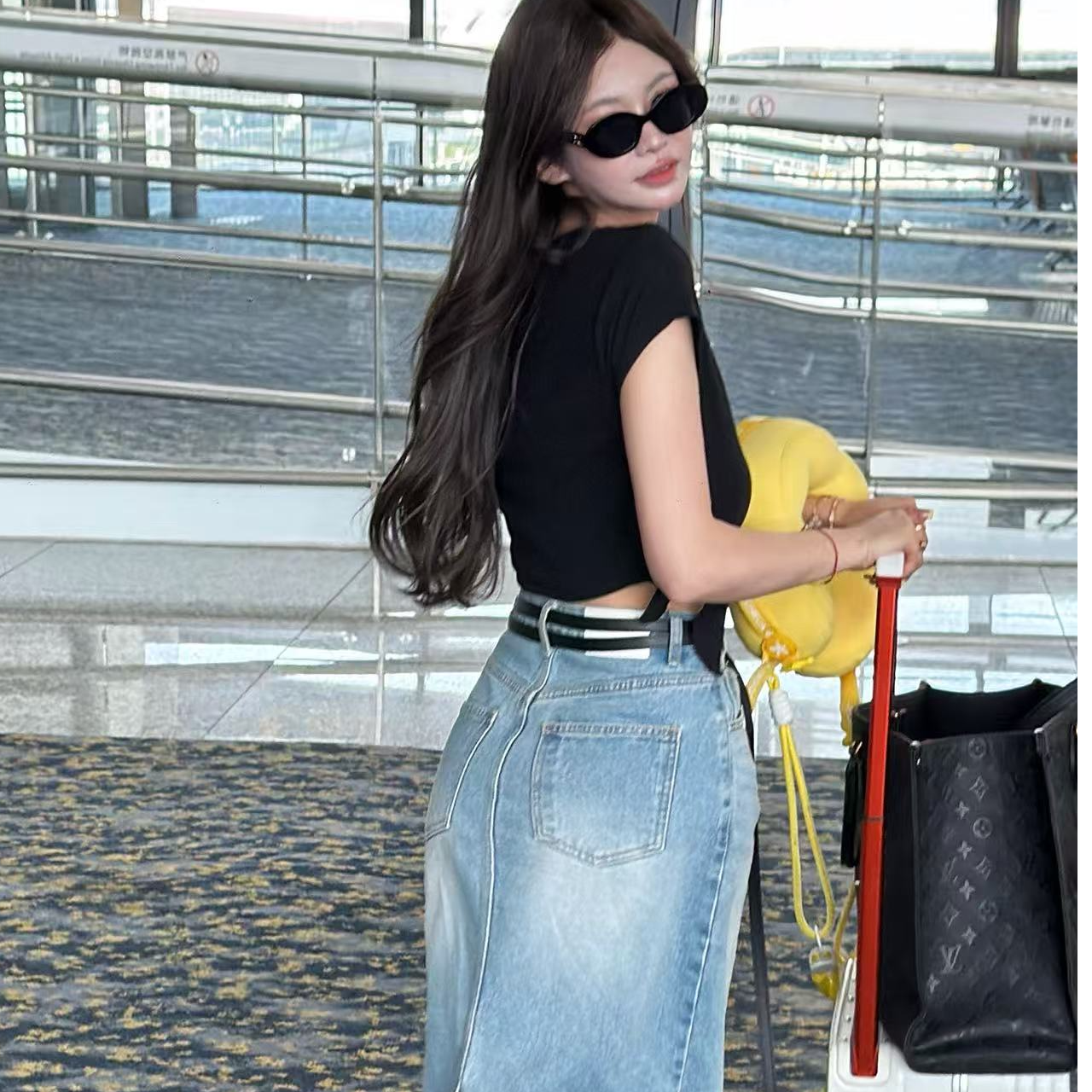 【YKL】极简回溯  黑色性感漏肩短袖/百搭蓝牛仔后叉长半裙