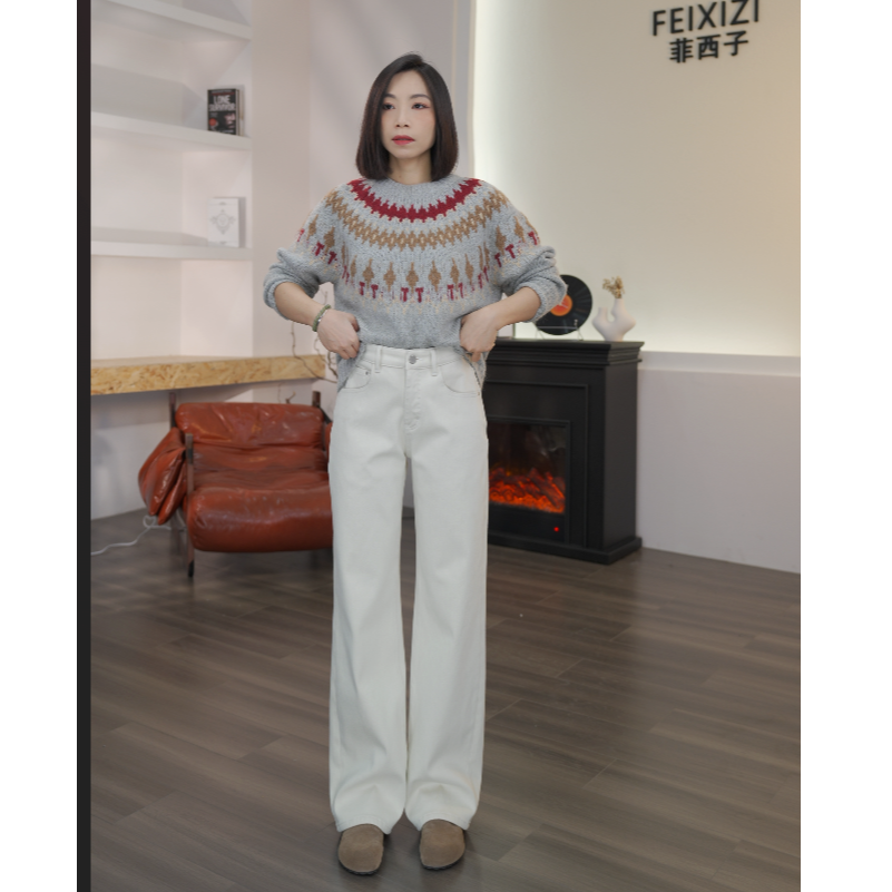 菲西子F95911•奶油白•秋冬八面弹加绒窄版显瘦直筒牛仔裤女