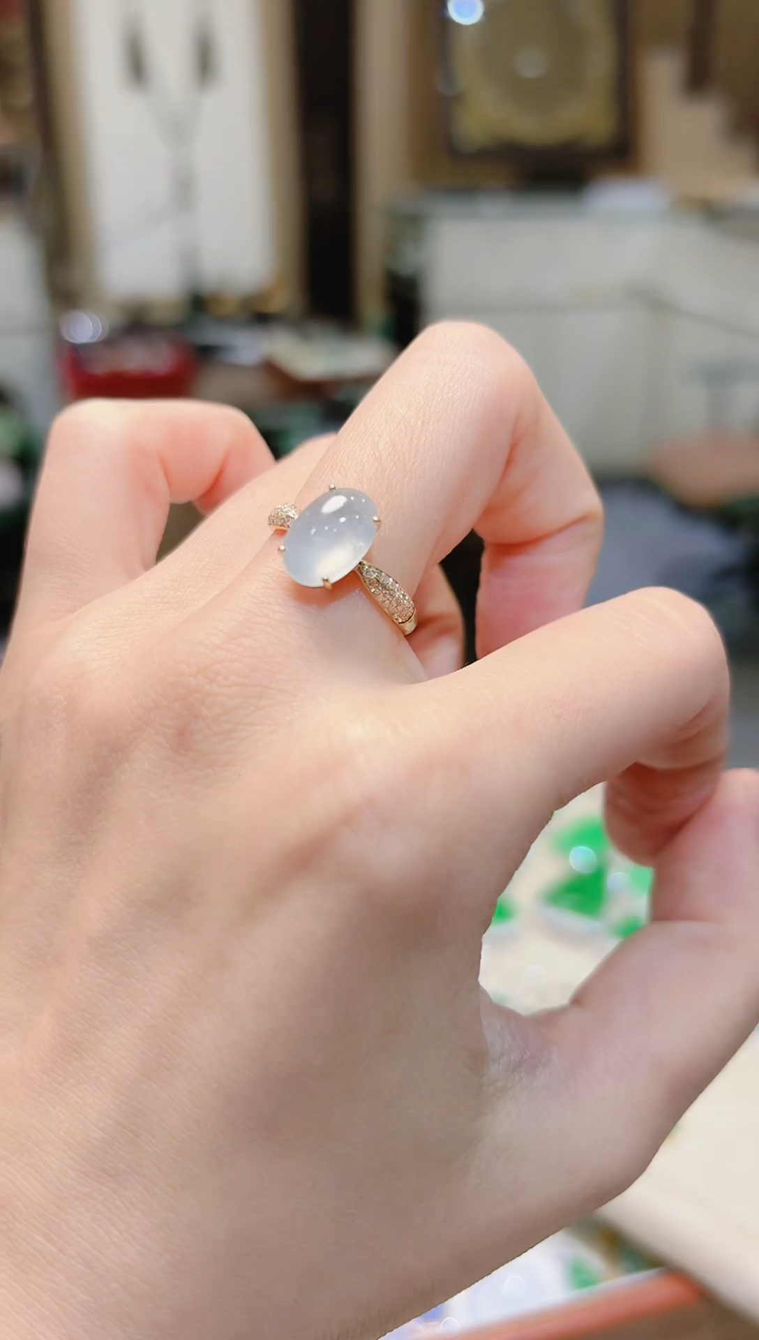 【闪购商品】翡翠戒指18K金镶嵌白蛋面翡翠戒指