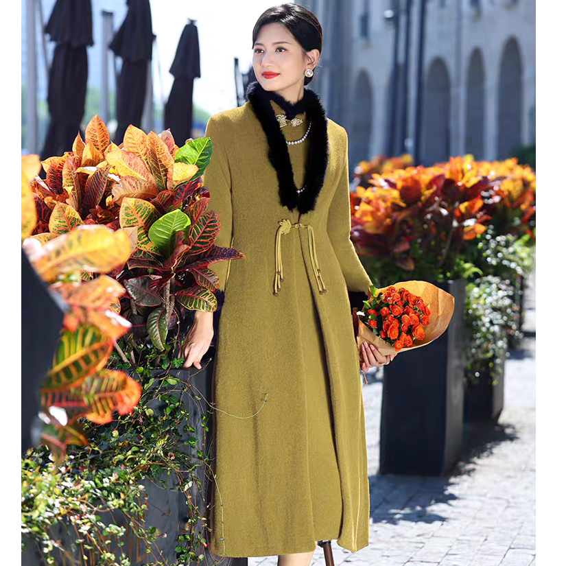 XMJ-冬款水D绒加厚旗袍外套