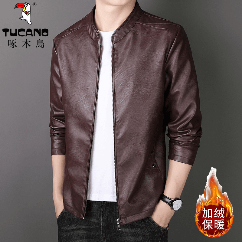 TUCANO/啄木鳥男士秋冬季休闲立领皮衣加绒加厚中年大码机车外套