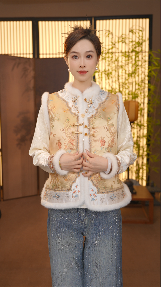 CJ【冬词】秋冬季水貂毛新款中国风复古锦绣马甲YY25111702