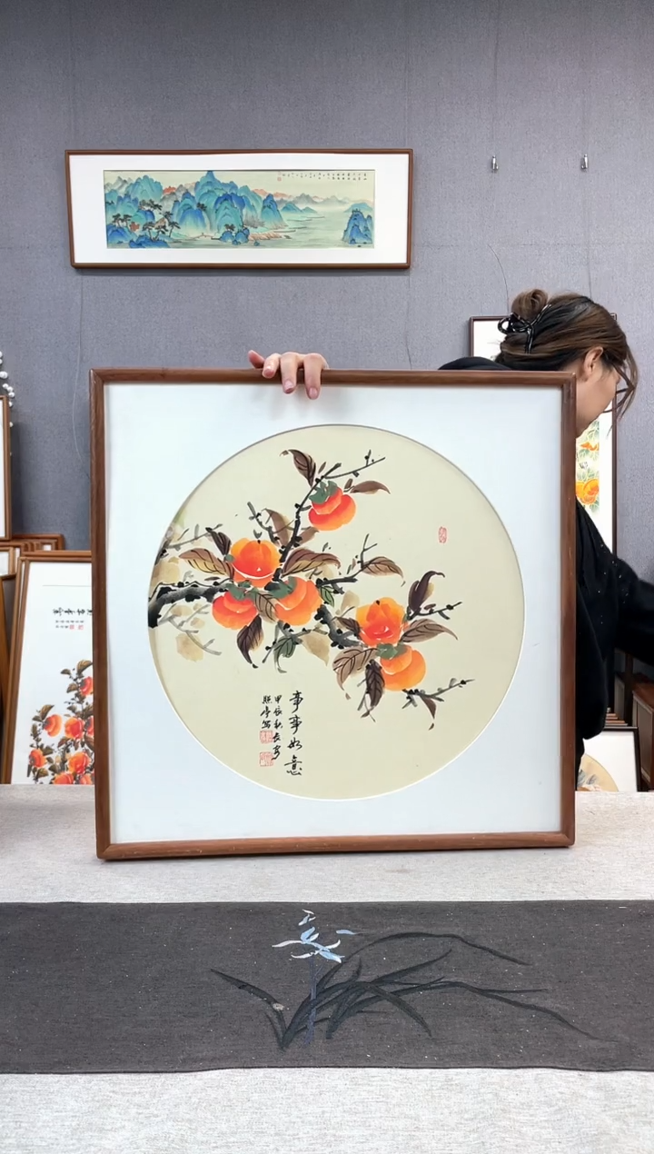 【闪购商品】国画贺照亭-纯手绘带框作品-52*52-柿子