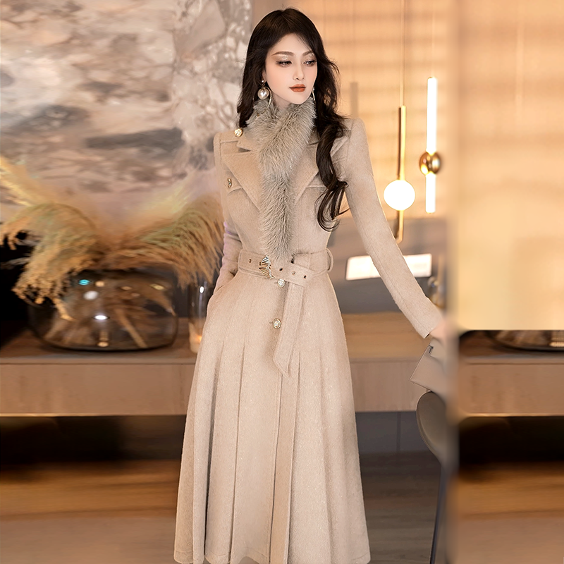 冬季加厚中长款过膝大毛领毛呢大衣新品收腰帅气保暖长款外套