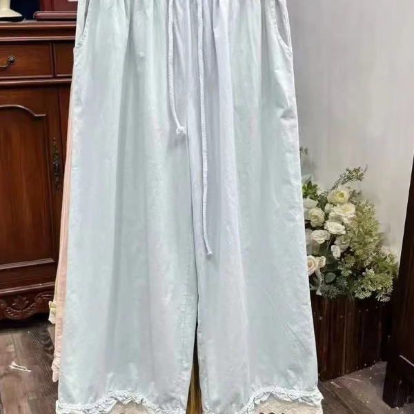 韩系花边蕾丝拼接高腰直筒阔腿（8266）