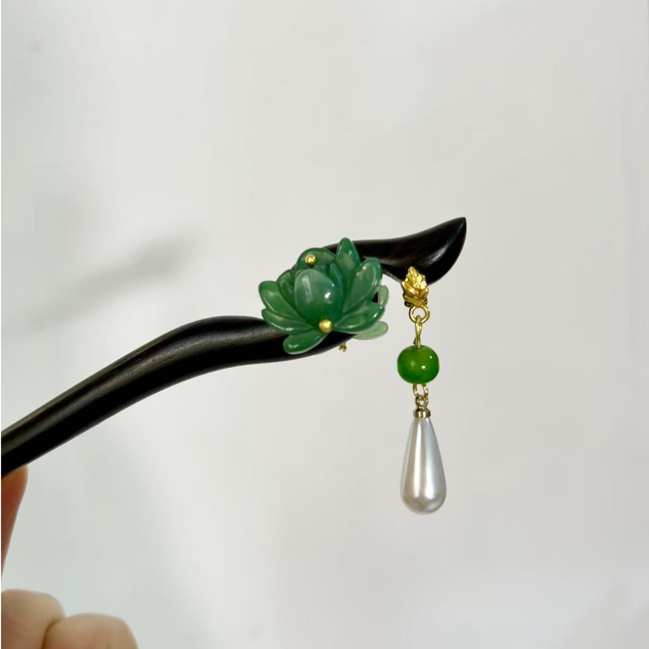 短款檀木发簪绿色双面莲花古典气质手工日常15公分盘发簪