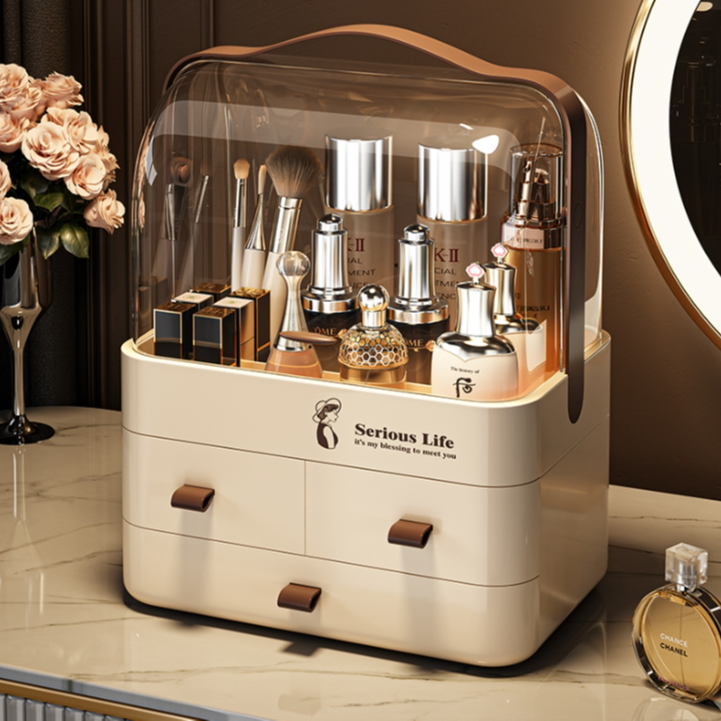 大容量三层化妆品收纳盒防尘抽屉式桌面梳妆台置物架