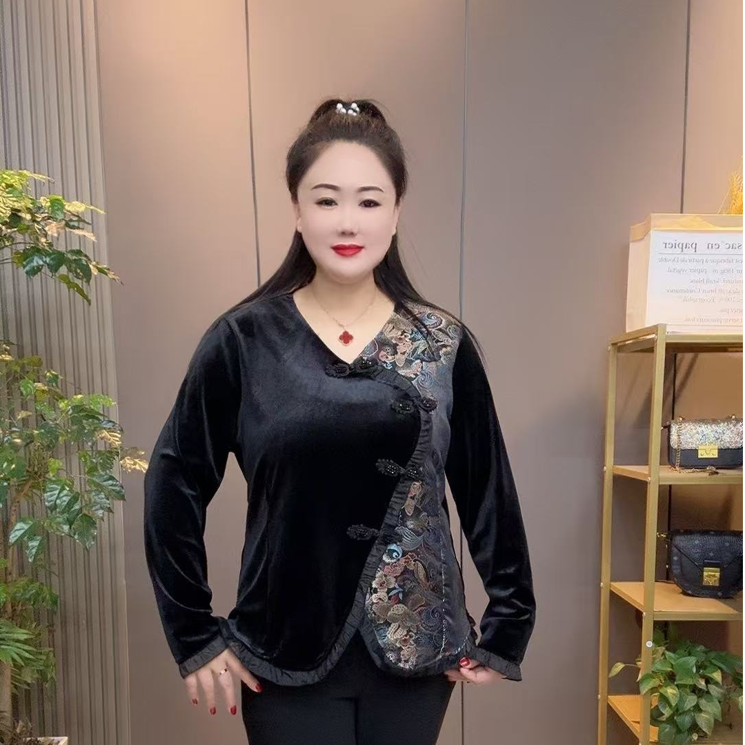 2025新款时尚气质V领拼接设计感国风盘扣开叉显瘦上衣