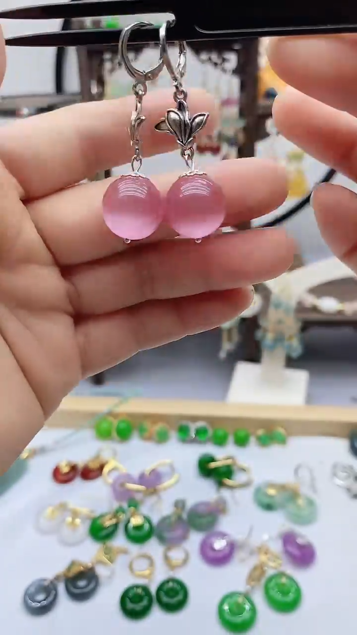 变石猫眼银S925镶嵌耳饰83