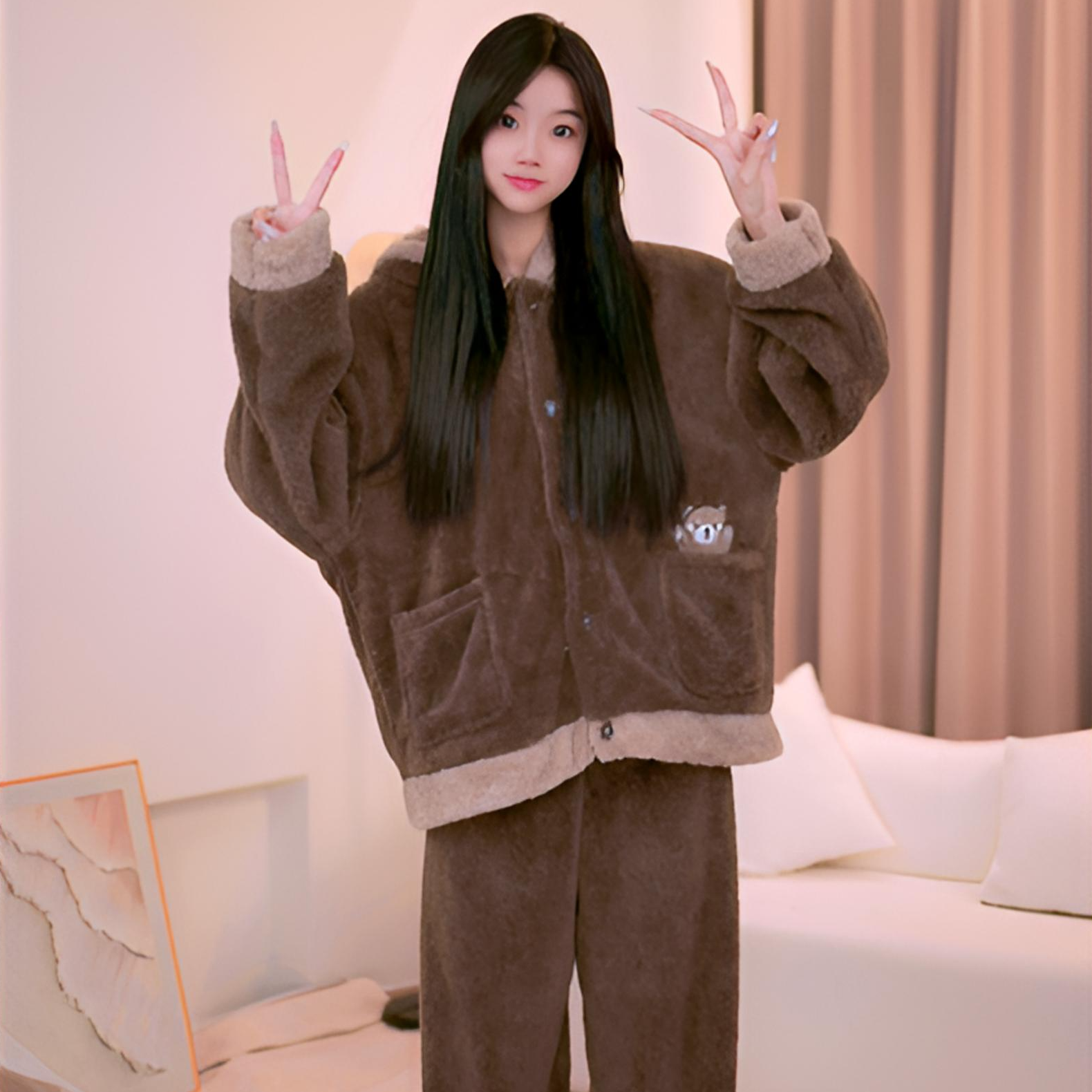 无绳小浣熊网红爆款珊瑚绒睡衣女冬季新款加厚连帽居家套装可外穿