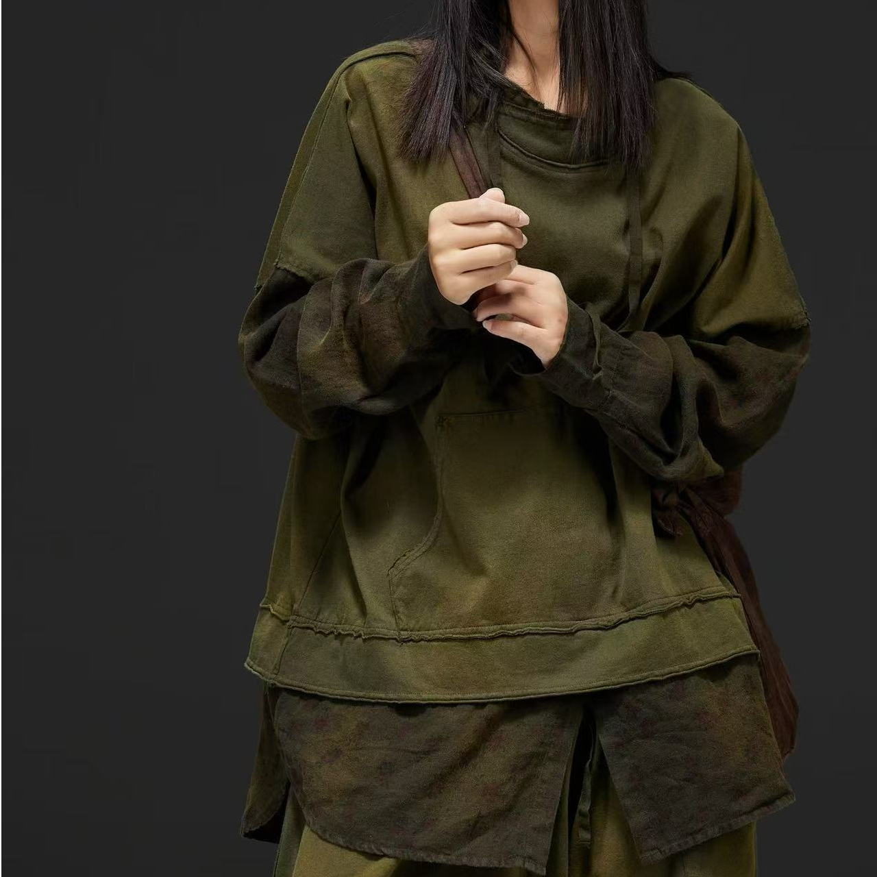 木木棉麻分享（麻依者）M-083百搭做旧假两件纯棉女款宽松圆领T恤
