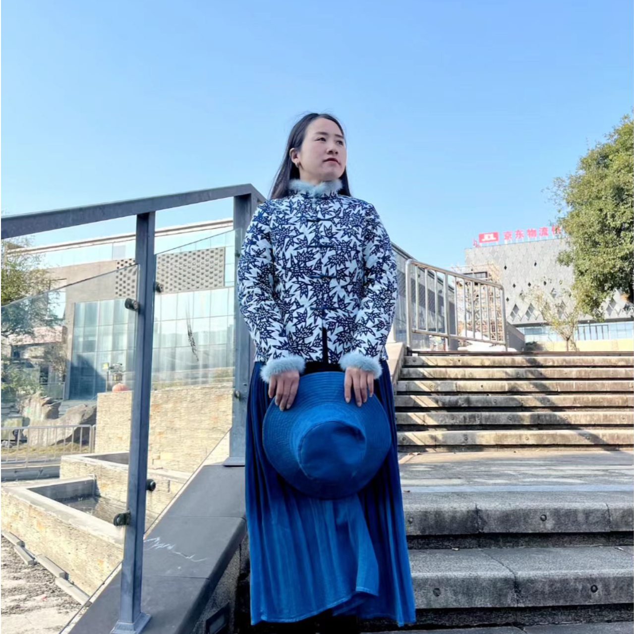 蓼蓝之恋原创新款植物染色气质百搭袖蓝色复古加厚毛领对襟上衣