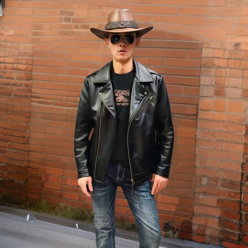 机车斜拉链头层摔纹牛皮经典潮流修身百搭男款真皮皮衣大翻领外套