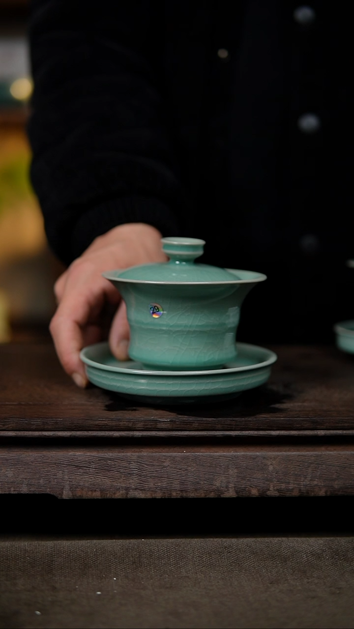 【闪购商品】杯仿古翡翠绿纯手工三才竹节盖碗一级29