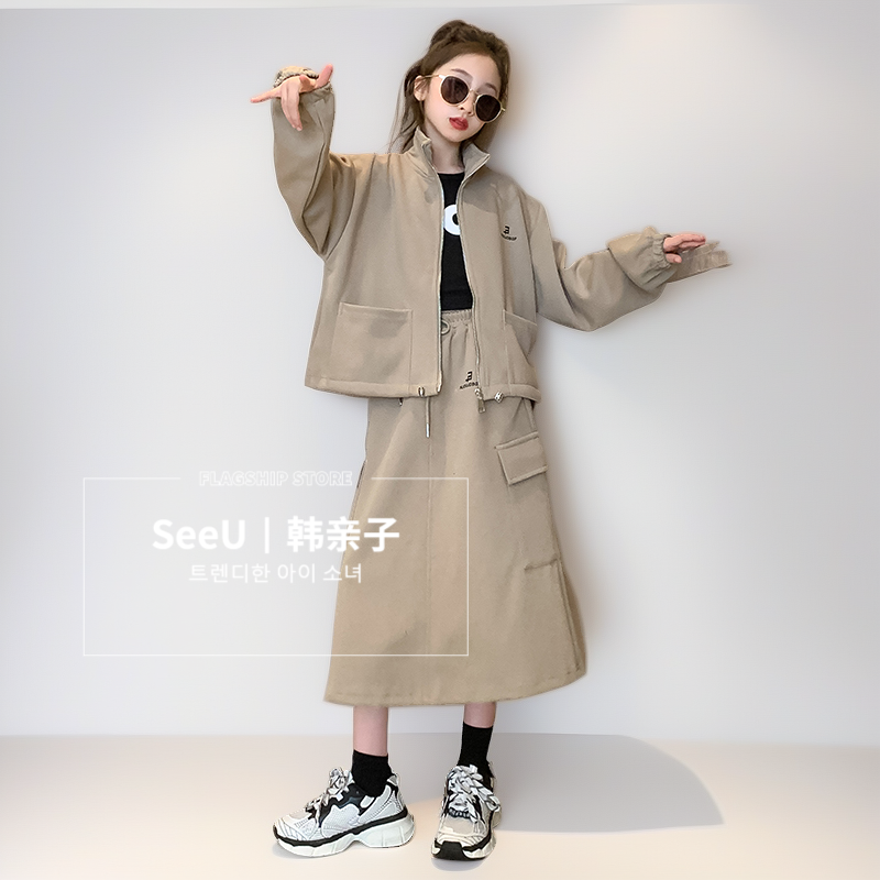 女童6-14岁春秋2025新款时尚休闲工装长裙两件套韩系