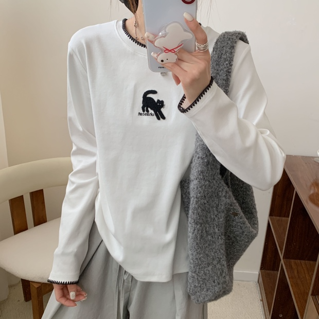 田园闺蜜~秋款圆领毛巾绣小猫咪打底T恤25525（衣长60胸围96）