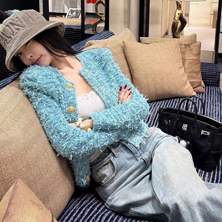 早春新款baby蓝高奢纱线时髦流苏重工金扣开衫财阀千金名媛外套女