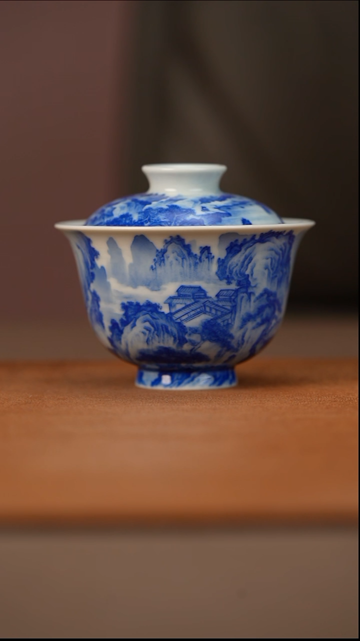 瓷半山晓野溪山行旅图盖碗