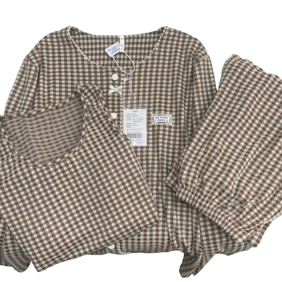 琦欣之梦冬季女厚款三件套粉棕格高品质睡衣家居服~