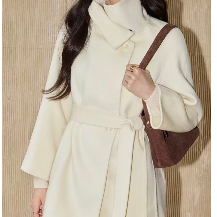 极简风围巾领秋季立领女毛呢外套加厚系带气质FF0053