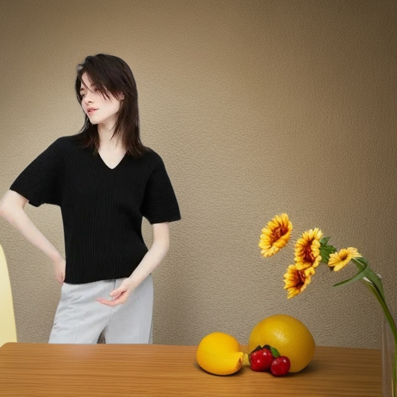 艳儿家【原单百棉无缝一体时尚短袖】宽松V领百搭气质蝙蝠短袖T恤