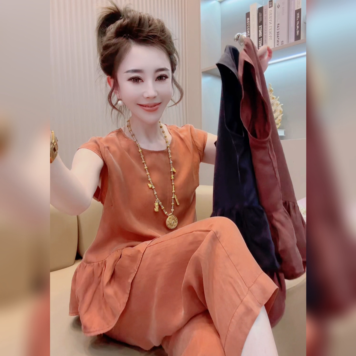 夏季新款轻奢铜氨丝套装上衣+裤子无袖款