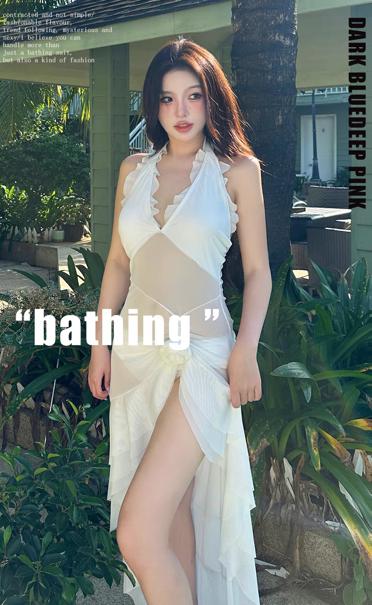 高级感白色连体长裙式泳衣女款性感挂脖荷叶边泳装2025新款泡温泉