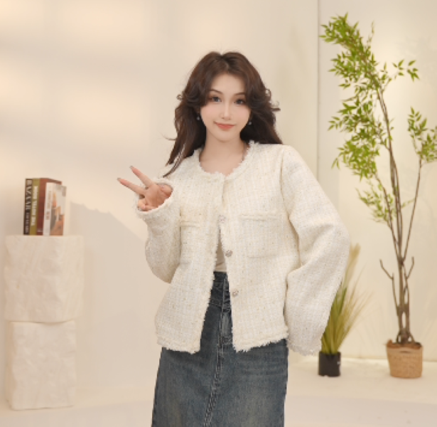 30%羊毛小香风春秋季高级圆领印花亮片短款外套（Y三零）