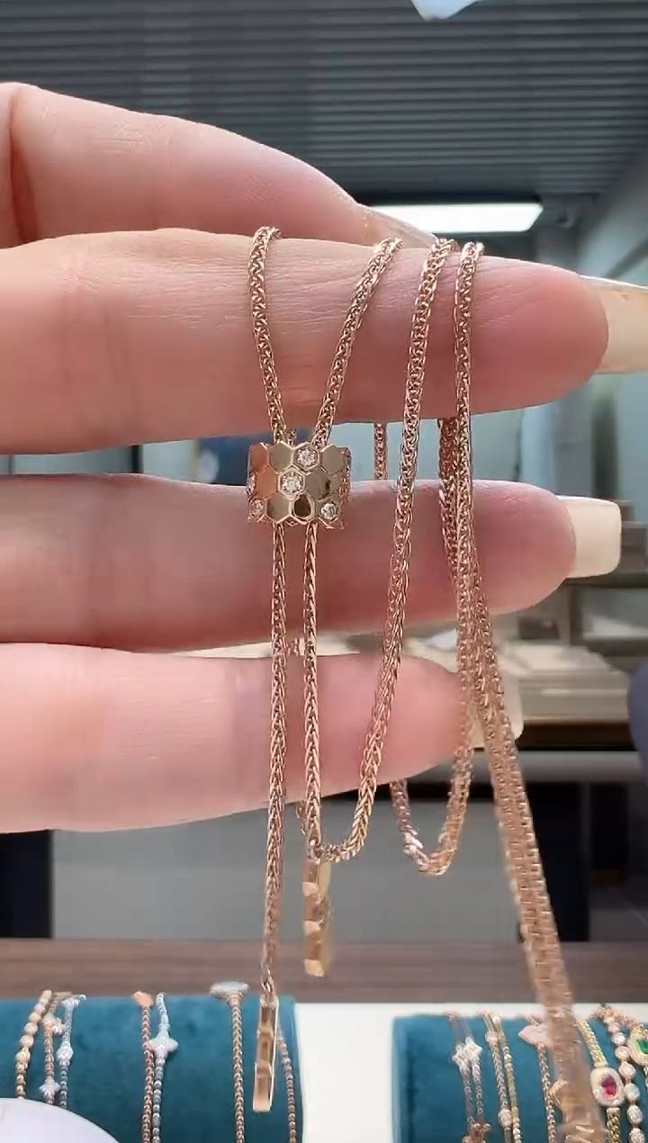 【闪购商品】钻石套链18K金镶嵌镶钻蜂巢流苏锁骨链K红