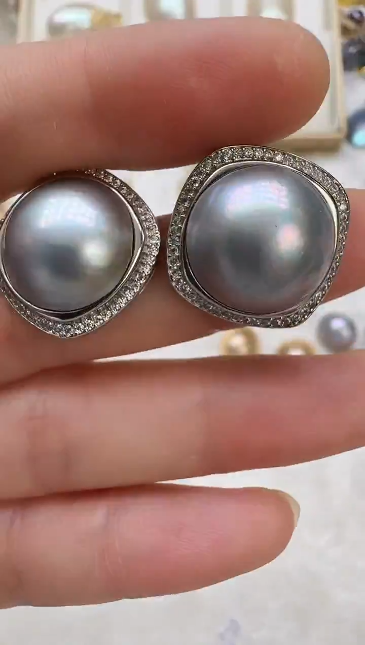 耳饰拼合珍珠（马贝珠）未镶嵌灰色四方