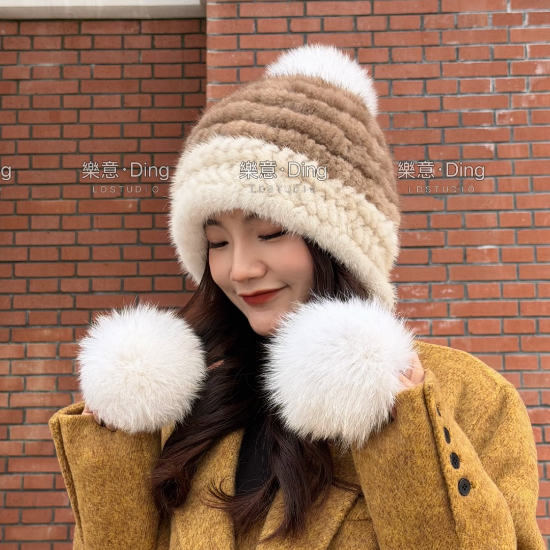 冬季新款时尚可爱甜美水貂毛帽子 狐狸毛球球女生保暖帽子女冬
